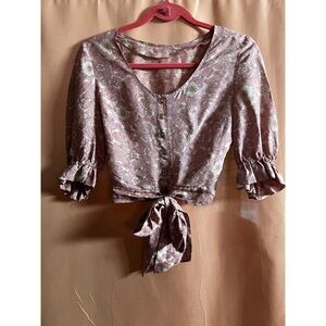 Floral Pink Silk Vintage Romantic Tie-Front Blouse